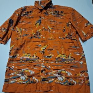 POLO SPORT RALPH LAUREN Orange Hawaiian Marlin Fishing Print Button Shirt Sz LT
